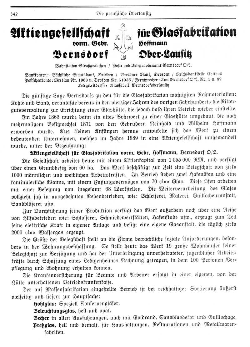 AG für Glasfabrikation: Anzeige und Beschreibung